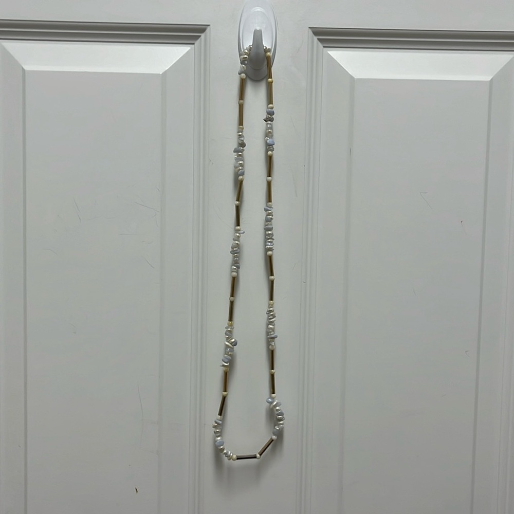 Long Blue Chalcedony and Freshwater Pearl Beaded Strand Gold Tube Necklace
